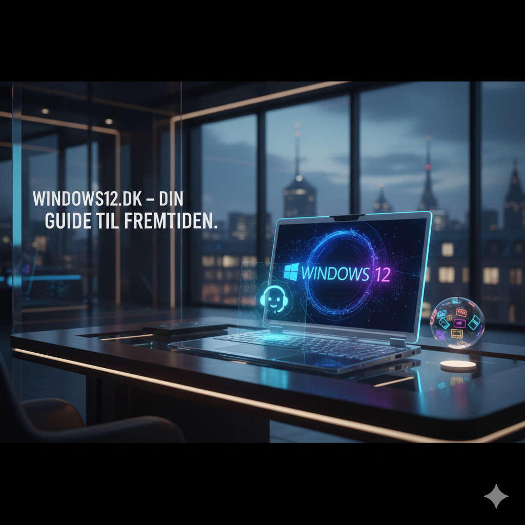 En moderne bærbar computer på et kontorbord, der viser Windows 12-logoet og en futuristisk AI-brugerflade med teksten Windows12.dk – din guide til fremtiden.