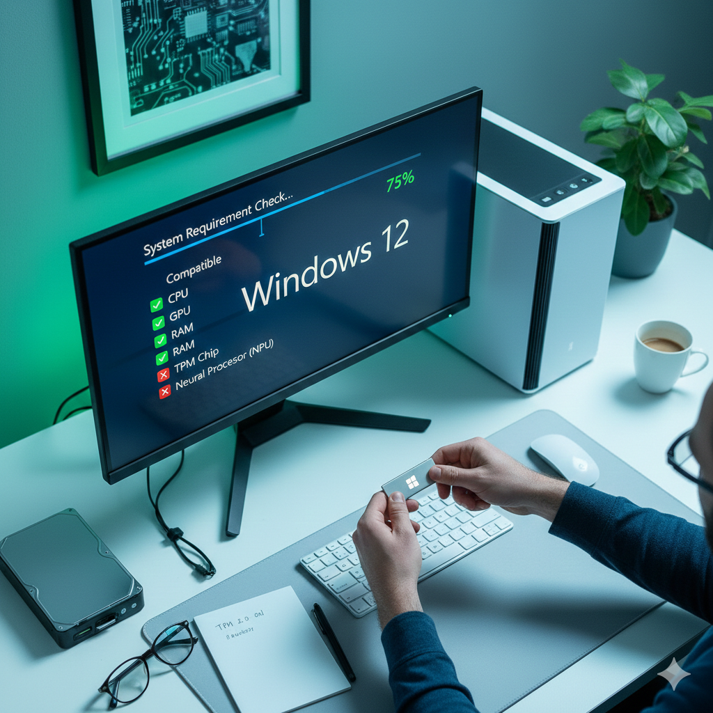 En person sidder ved en computer, hvor skærmen viser et systemtjek for Windows 12. Listen viser grønne flueben ved CPU og RAM, men røde krydser ved TPM Chip og Neural Processor (NPU).