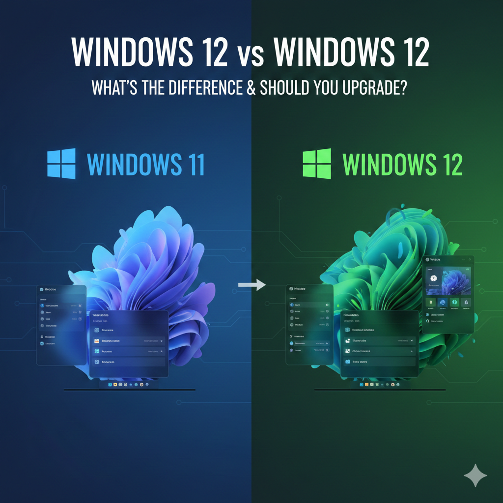 Sammenligning mellem Windows 11 og Windows 12 med illustration af brugerflade og opgradering