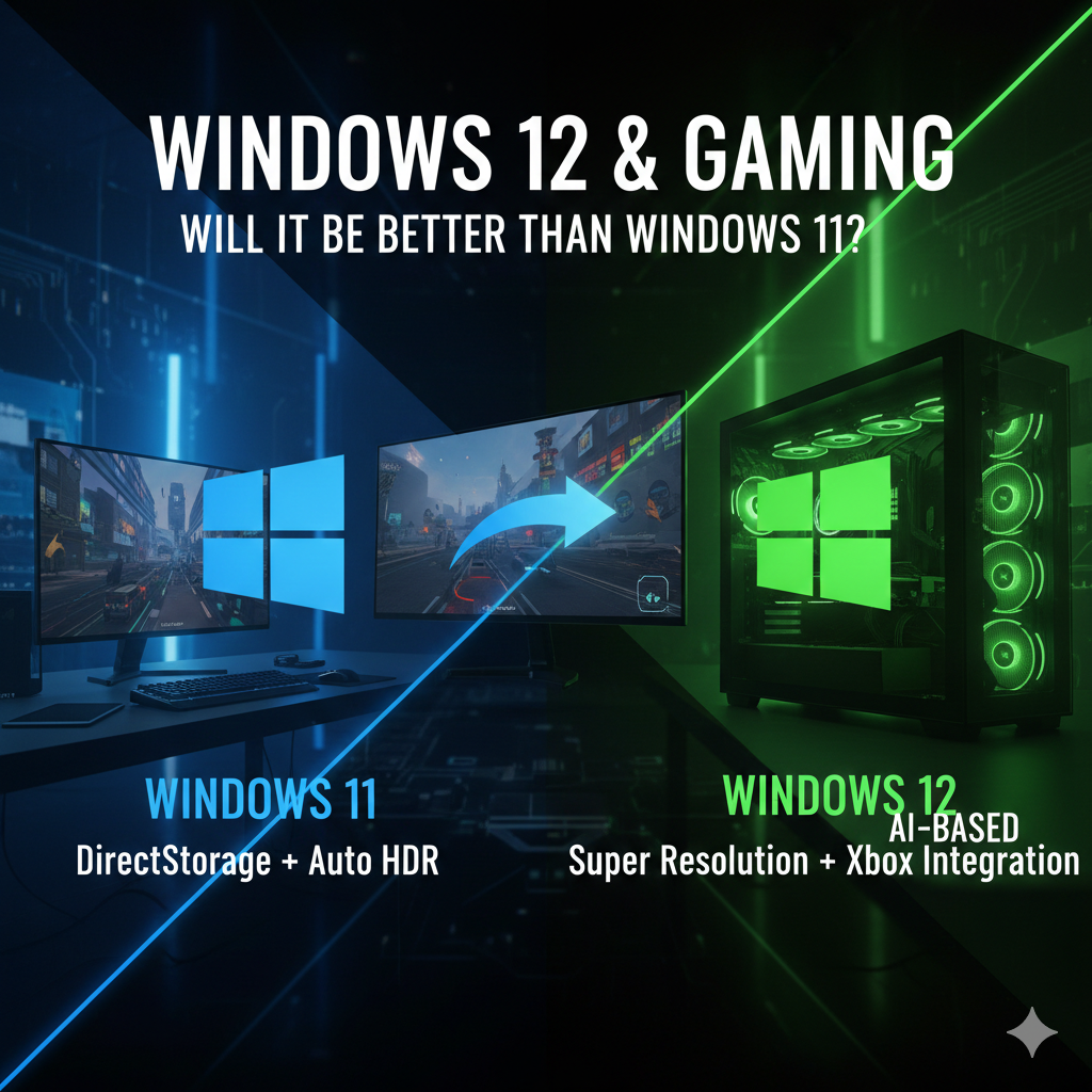 Sammenligning af gaming ydeevne i Windows 12 vs Windows 11. Grafikken fremhæver nye gaming-funktioner som AI Super Resolution og forbedret Xbox-integration i det kommende Windows 12 operativsystem.