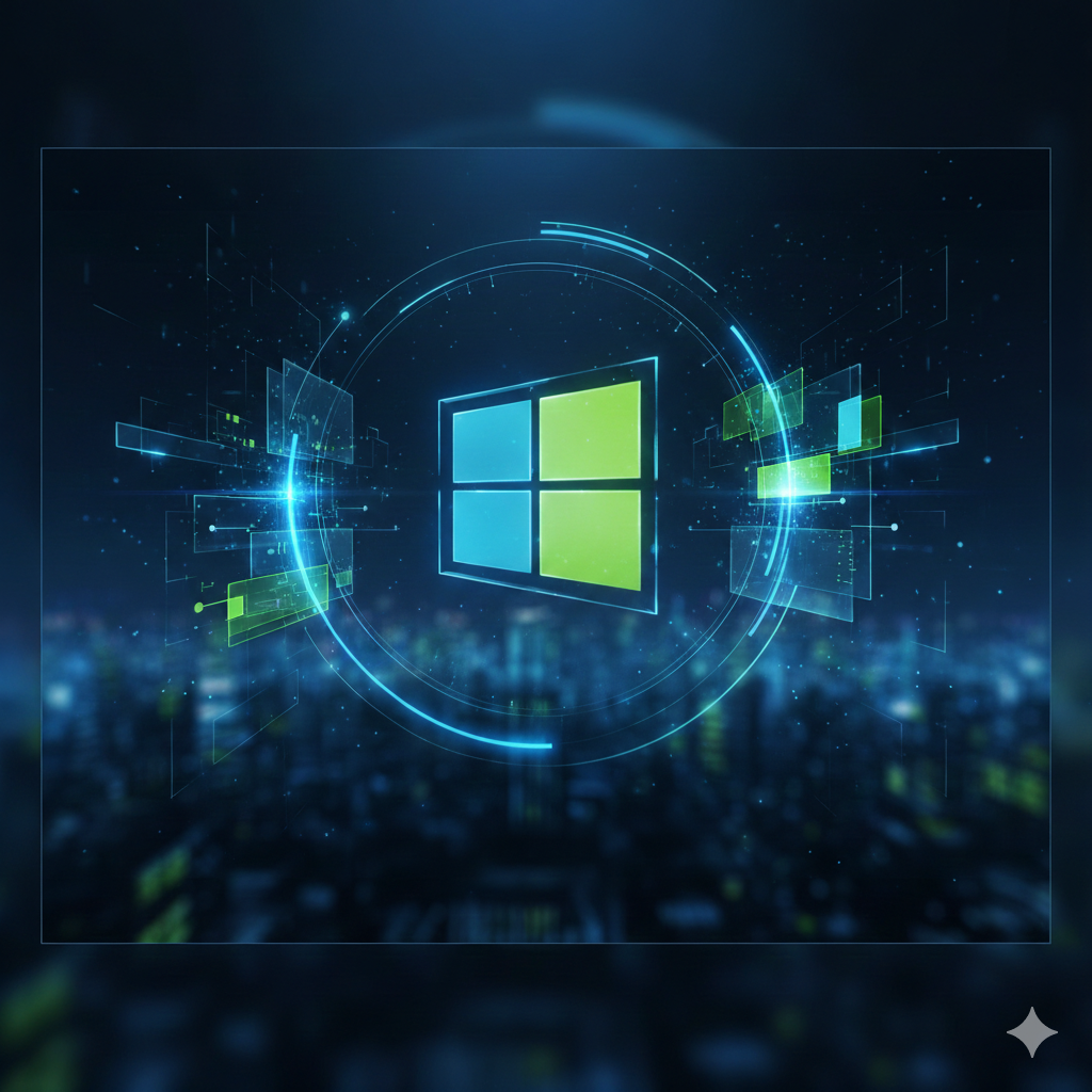 Stilrent Windows 12 logo i blå og grønne nuancer svævende over en futuristisk by med digitale glaseffekter.