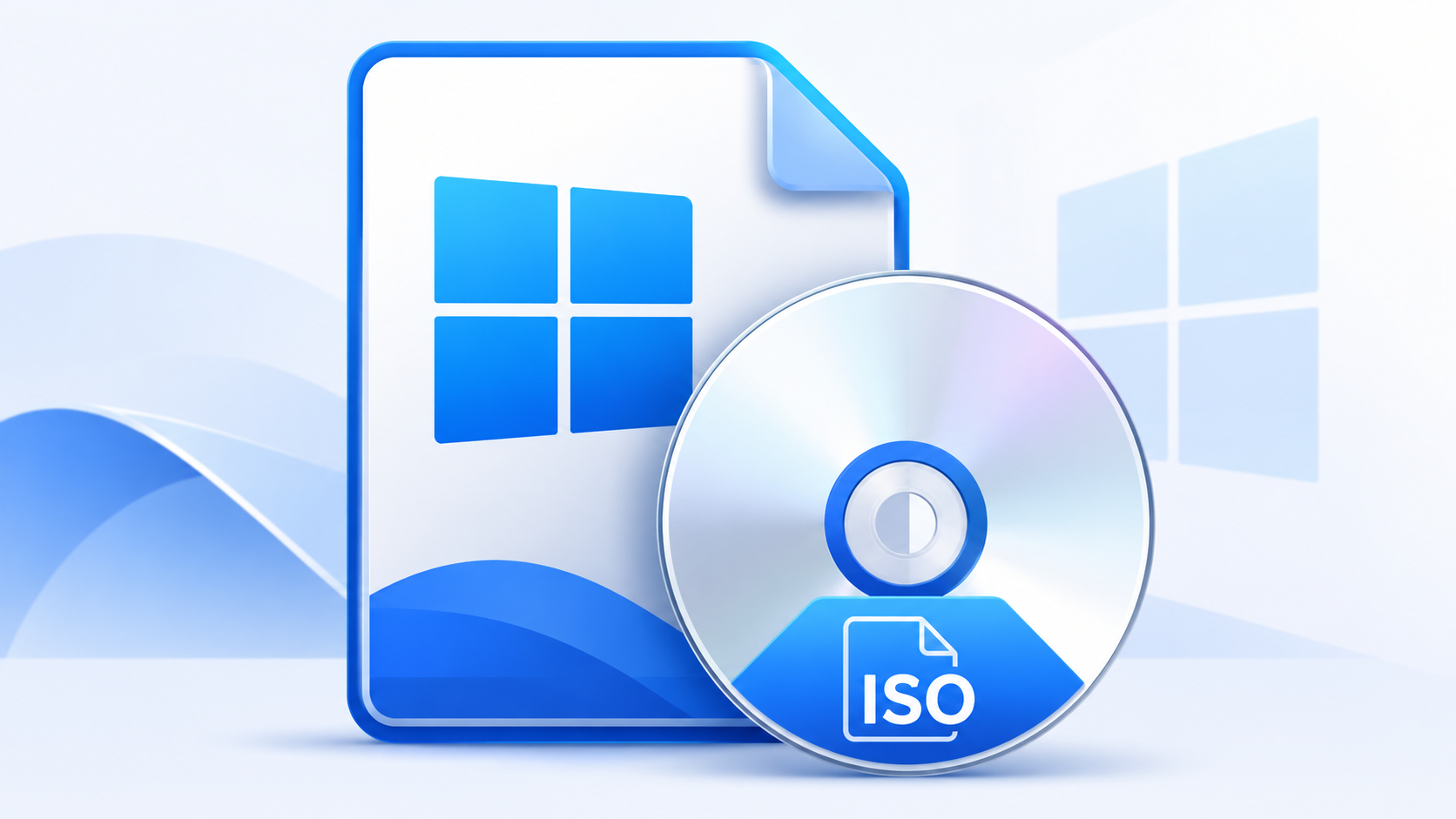 Illustration af en Windows-inspireret ISO-fil med et dokumentikon, Windows-logo og en optisk disk med teksten “ISO” på lys blå baggrund.
