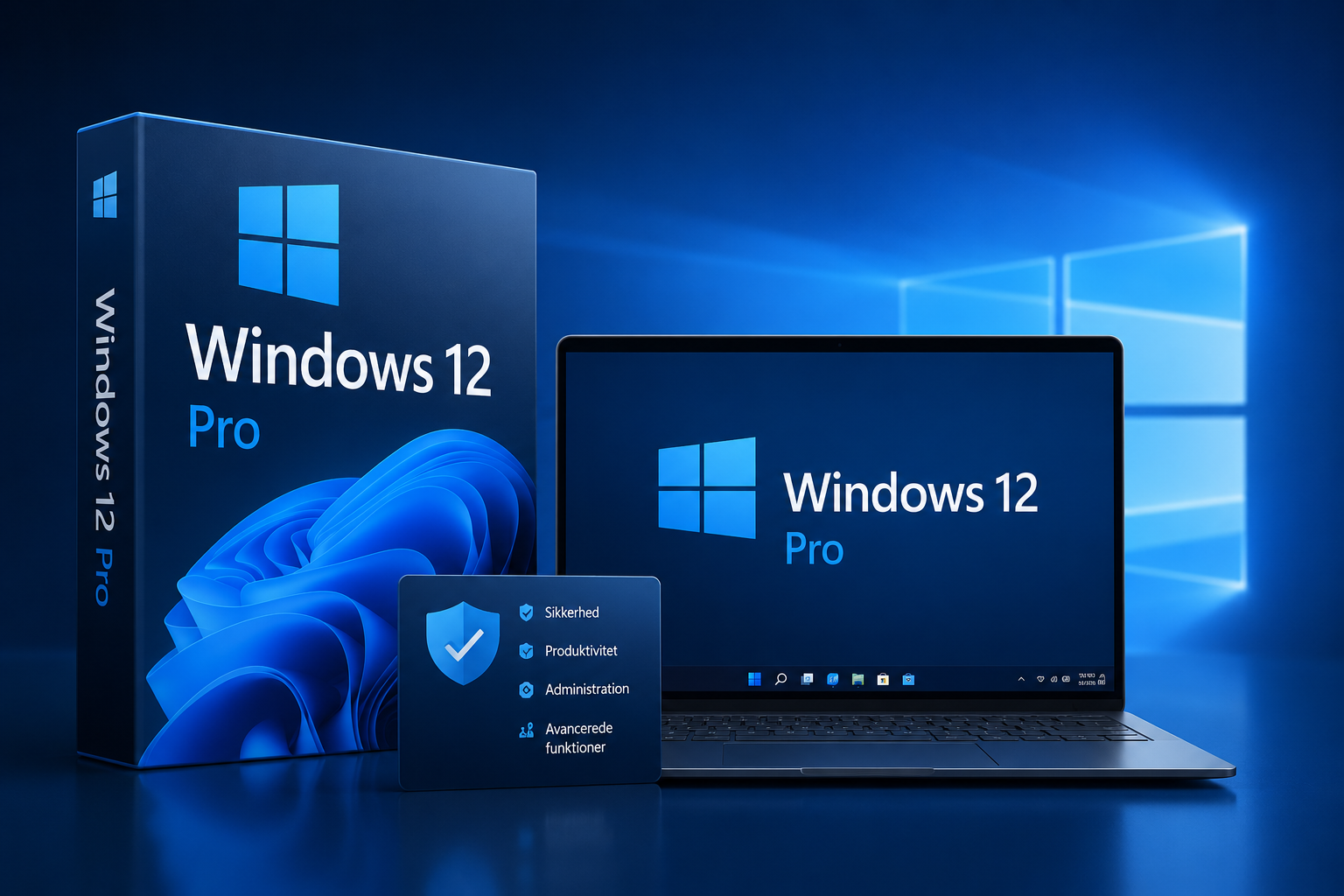 Illustration af Windows 12 Pro med softwareæske, laptop og blå Windows-inspireret baggrund med fokus på sikkerhed, produktivitet og avancerede funktioner.